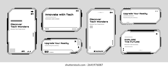 Futuristic hud text box frame template set. Digital user interface design element for business, science, and technology. Vector graphics.