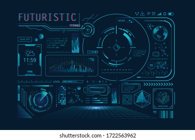 Futuristic HUD Ui for app. User interface HUD and Infographic elements, virtual graphic, simulation, graph, icon set, Augment reality and screen monitor. Digital gaming interface background.