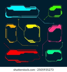 Futuristic HUD or UI elements. Sci-fi user interface text boxes, callouts. Colorful warning message frame, information boxes template. Modern game interface layout, digital style. Vector illustration