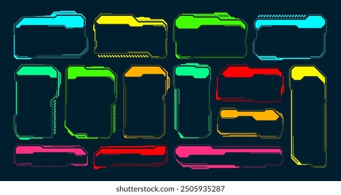 Futuristic HUD or UI elements. Sci-fi user interface text boxes, callouts. Colorful warning message frame, information boxes template. Modern game interface layout, digital style. Vector illustration