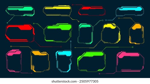 Futuristic HUD or UI elements. Sci-fi user interface text boxes, callouts. Colorful warning message frame, information boxes template. Modern game interface layout, digital style. Vector illustration