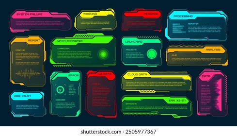 Futuristic HUD or UI elements. Sci-fi user interface text boxes, callouts. Colorful warning message frame, information boxes template. Modern game interface layout, digital style. Vector illustration