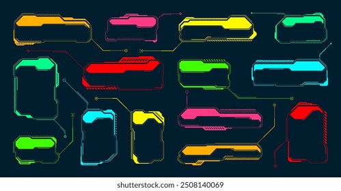Futuristic HUD or UI elements. Sci-fi user interface text boxes, callouts. Colorful warning message frame, information boxes template. Modern game interface layout, digital style. Vector illustration