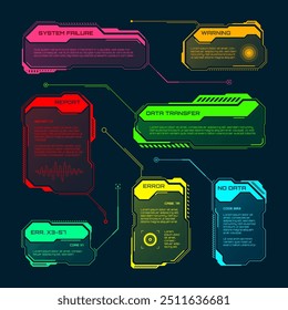 Futuristic HUD or UI elements. Sci-fi user interface text boxes, callouts. Colorful warning message frame, information boxes template. Modern game interface layout, digital style. Vector illustration