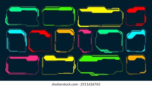 Futuristic HUD or UI elements. Sci-fi user interface text boxes, callouts. Colorful warning message frame, information boxes template. Modern game interface layout, digital style. Vector illustration