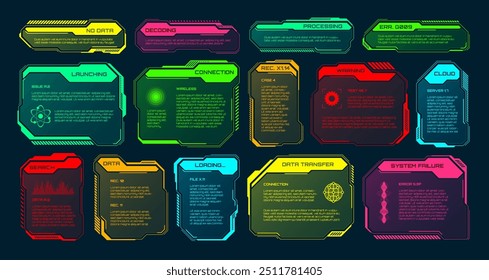 Futuristic HUD or UI elements. Sci-fi user interface text boxes, callouts. Colorful warning message frame, information boxes template. Modern game interface layout, digital style. Vector illustration