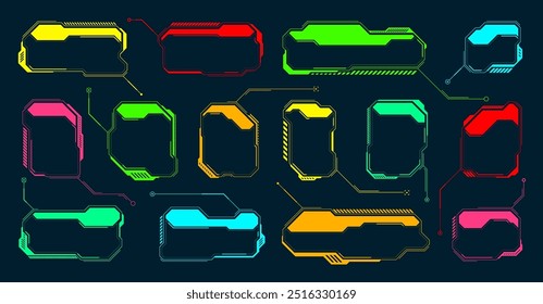 Elementos futuristas de HUD ou UI. Caixas de texto, textos explicativos da interface do usuário de ficção científica. Quadro de mensagem de aviso colorido, modelo de caixas de informação. Layout moderno da interface do jogo, estilo digital. Ilustração vetorial