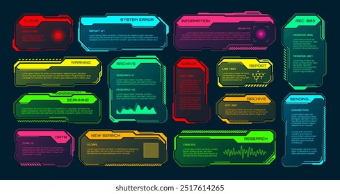 Futuristic HUD or UI elements. Sci-fi user interface text boxes, callouts. Colorful warning message frame, information boxes template. Modern game interface layout, digital style. Vector illustration