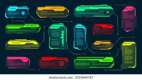 Futuristic HUD or UI elements. Sci-fi user interface text boxes, callouts. Colorful warning message frame, information boxes template. Modern game interface layout, digital style. Vector illustration