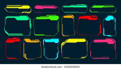 Futuristic HUD or UI elements. Sci-fi user interface text boxes, callouts. Colorful warning message frame, information boxes template. Modern game interface layout, digital style. Vector illustration
