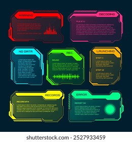 Elementos futuristas HUD o UI. Cuadros de texto de interfaz de usuario de ciencia ficción, llamadas. Marco colorido del mensaje de advertencia, Plantilla de las cajas de información. Diseño de interfaz de juego moderno, estilo digital. Ilustración vectorial