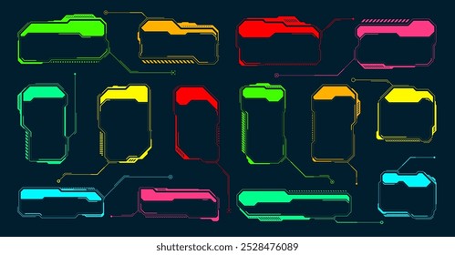 Futuristic HUD or UI elements. Sci-fi user interface text boxes, callouts. Colorful warning message frame, information boxes template. Modern game interface layout, digital style. Vector illustration