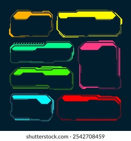 Elementos futuristas HUD o UI. Cuadros de texto de interfaz de usuario de ciencia ficción, llamadas. Marco colorido del mensaje de advertencia, Plantilla de las cajas de información. Diseño de interfaz de juego moderno, estilo digital. Ilustración vectorial