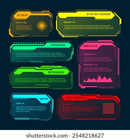 Futuristic HUD or UI elements. Sci-fi user interface text boxes, callouts. Colorful warning message frame, information boxes template. Modern game interface layout, digital style. Vector illustration