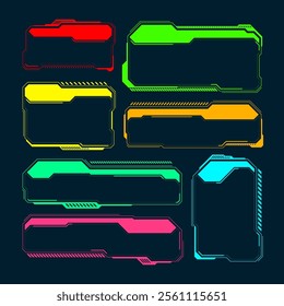 Futuristic HUD or UI elements. Sci-fi user interface text boxes, callouts. Colorful warning message frame, information boxes template. Modern game interface layout, digital style. Vector illustration