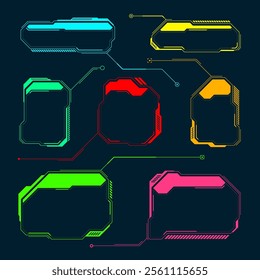 Futuristic HUD or UI elements. Sci-fi user interface text boxes, callouts. Colorful warning message frame, information boxes template. Modern game interface layout, digital style. Vector illustration