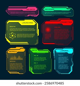 Futuristic HUD or UI elements. Sci-fi user interface text boxes, callouts. Colorful warning message frame, information boxes template. Modern game interface layout, digital style. Vector illustration