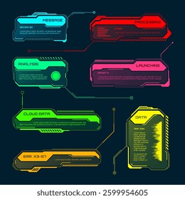 Futuristic HUD or UI elements. Sci-fi user interface text boxes, callouts. Colorful warning message frame, information boxes template. Modern game interface layout, digital style. Vector illustration