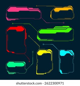 Futuristic HUD or UI elements. Sci-fi user interface text boxes, callouts. Colorful warning message frame, information boxes template. Modern game interface layout, digital style. Vector illustration