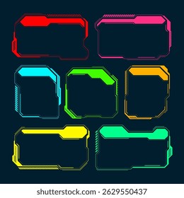 Futuristic HUD or UI elements. Sci-fi user interface text boxes, callouts. Colorful warning message frame, information boxes template. Modern game interface layout, digital style. Vector illustration