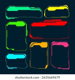 Futuristic HUD or UI elements. Sci-fi user interface text boxes, callouts. Colorful warning message frame, information boxes template. Modern game interface layout, digital style. Vector illustration