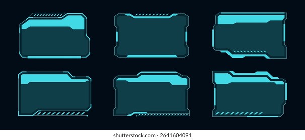 Futuristic HUD or UI elements. Sci-fi user interface text boxes, callouts. Warning message frame, information boxes template. Modern game interface layout, digital style. Vector illustration