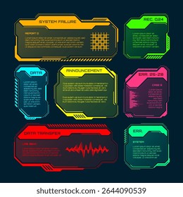 Futuristic HUD or UI elements. Sci-fi user interface text boxes, callouts. Colorful warning message frame, information boxes template. Modern game interface layout, digital style. Vector illustration