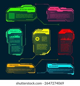 Elementos futuristas HUD o UI. Cuadros de texto de interfaz de usuario de ciencia ficción, llamadas. Marco colorido del mensaje de advertencia, Plantilla de las cajas de información. Diseño de interfaz de juego moderno, estilo digital. Ilustración vectorial