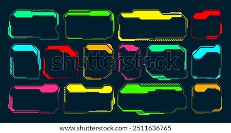 Futuristic HUD or UI elements. Sci-fi user interface text boxes, callouts. Colorful warning message frame, information boxes template. Modern game interface layout, digital style. Vector illustration