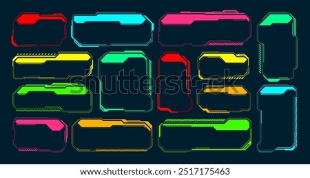 Futuristic HUD or UI elements. Sci-fi user interface text boxes, callouts. Colorful warning message frame, information boxes template. Modern game interface layout, digital style. Vector illustration