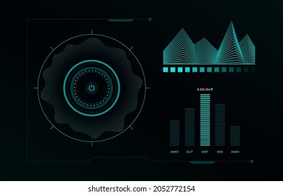 Futuristic HUD UI infographic design. Sci-fi user interface, high tech bars, gaming panel dashboard. Vector illustration