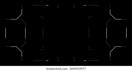 Futuristic HUD UI overlay with cyberpunk tech frame. Digital elements include glitchy target reticle, radar, camera view and sci fi interface. Clean layout for drone, VR or game screen design.