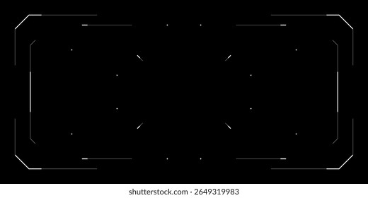 Futuristic HUD UI overlay for drone, game or cyberpunk tech interface. Glitchy digital screen with radar, data frame, sci fi control elements, FPV view and sleek sci system layout on dark background.