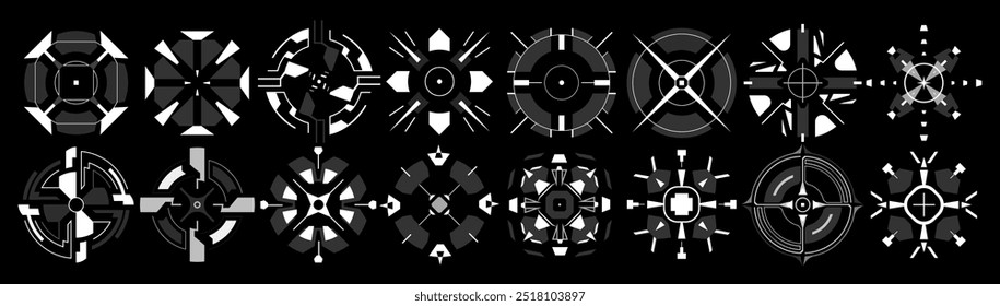 A futuristic HUD UI set featuring circular interfaces, targets, and aim markers. This cyber-inspired GUI collection is perfect for creating advanced, high-tech visuals and sleek, modern interfaces