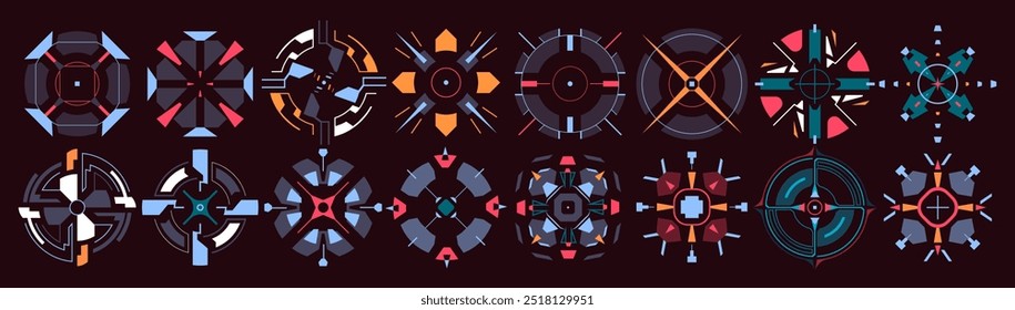 A futuristic HUD UI set featuring circular interfaces, targets, and aim markers. This cyber-inspired GUI collection is perfect for creating advanced, high-tech visuals and sleek, modern interfaces