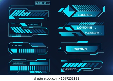 Conjunto de IU UD futurista com Quadros Digitais Brilhantes e Barras de Carregamento Sci-Fi