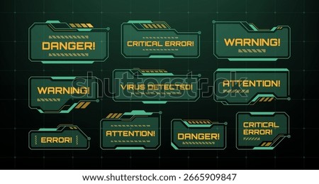 Futuristic hud vector graphic with various warning pop ups and danger messages for user interface panels.