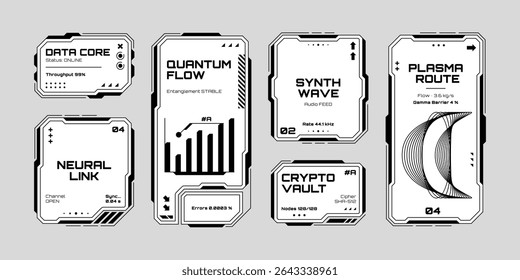 Conjunto de elementos gráficos vetoriais hud futurista, núcleo de dados, fluxo quântico, link neural, onda de sintetizador, cripto-cofre, interface de usuário de rota de plasma para exibição digital.