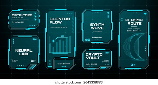 Futuristic hud vector graphics elements showcasing data core, quantum flow, and crypto vault interfaces for digital information display.