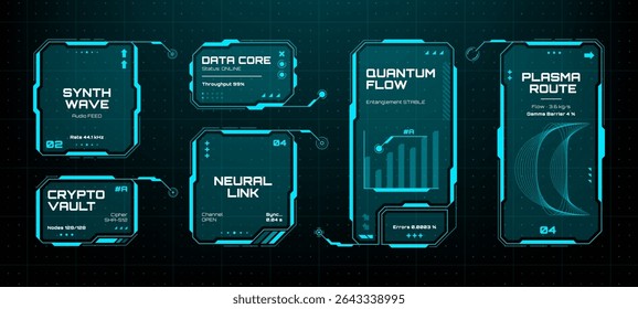 Futuristic hud vector graphics elements showcasing data processing on a dark grid background. Digital interface for concept display.
