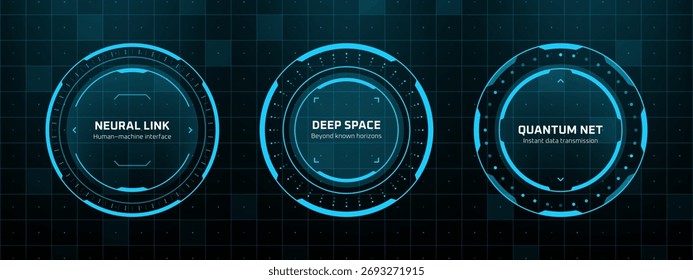 Gráficos vetoriais hud futuristas apresentando ligação neural, espaço profundo, conceitos de rede quântica. Interface digital para apresentação de tecnologia e ciência.
