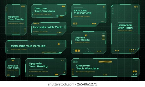 Gráficos vetoriais hud futuristas com cores retro verdes. Conjunto de formas geométricas abstratas e elementos de interface do usuário para o design de tecnologia.