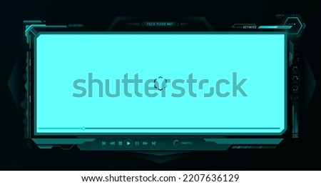 Futuristic HUD video player screen interface. Vector ui of digital media player skin, hologram screen with hi tech frame borders, neon buttons of control panel, progress bar, multimedia technologies