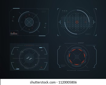 Futuristic hud virtual control panels. Hologram touch screen high tech vector design. Panel system interactive, gaming indicator illustration