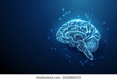 Futuristic human brain with electronic circuit lines background. Artificial intelligence, machine learning, neurochip technology concept. Wireframe low poly style. Digital innovation neurotech Vector.
