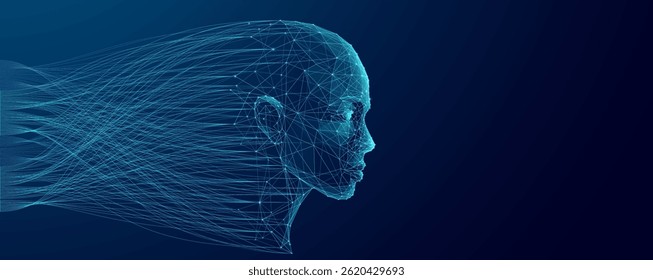 Futuristic human face in digital style with big data streams flowing through it. Concept of AI, analytics, and advanced technology shaping the future of intelligence. Vector tech blue backgroud.
