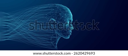 Futuristic human face in digital style with big data streams flowing through it. Concept of AI, analytics, and advanced technology shaping the future of intelligence. Vector tech blue backgroud.