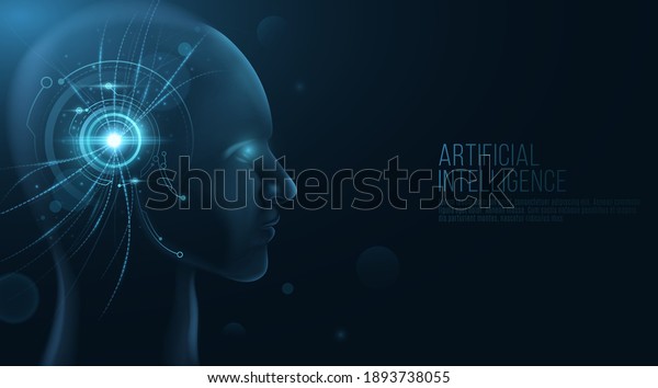 Futuristic human face model with HUD interface on his\
head. Artificial Intelligence. Technological progress. Neural\
networks. Data visualization design. Vector illustration. EPS\
10