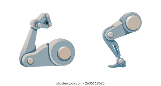 Prótese futurista de mão e perna humana. Implante manual de metal. Isolado. Emojis vetoriais.
