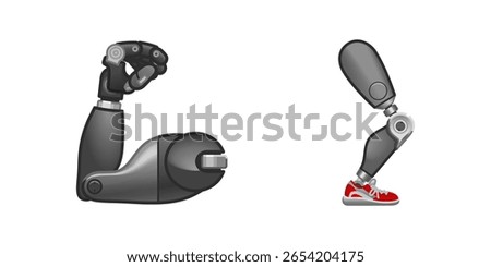 Futuristic human hand and leg prosthesis. Metal hand implant. Isolated. Vector emoji icon.
